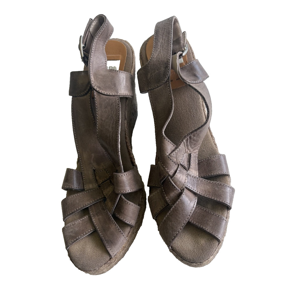 Kanna Taupe Leather Wedge Espadrille Leather Sandals 41